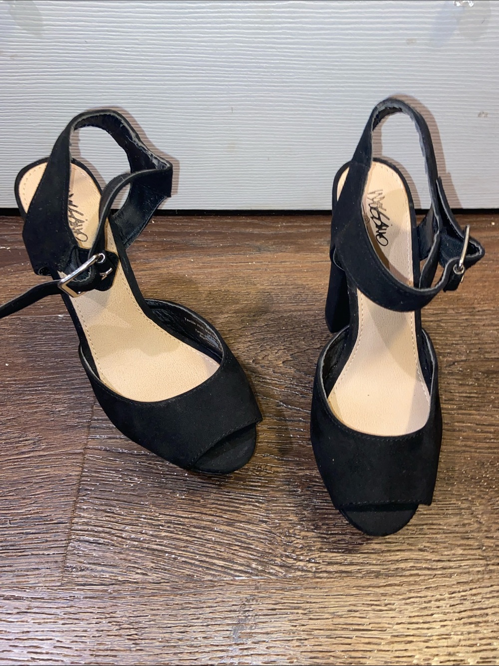 Black Suede Open-Toe Ankle-Strap Block Heels